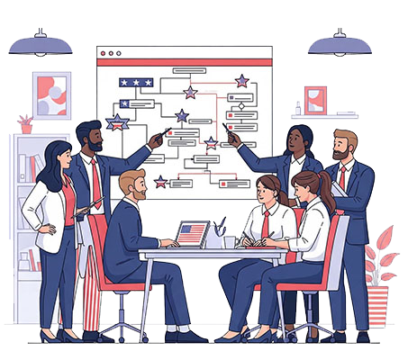 Team collaborating on a complex system flowchart.